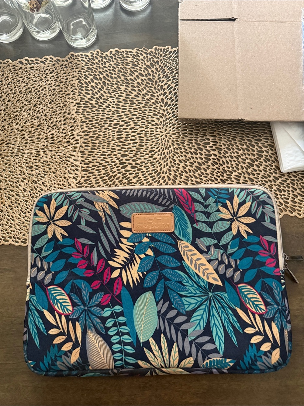 Floral Leaf Print Laptop Sleeve - Navy Teal